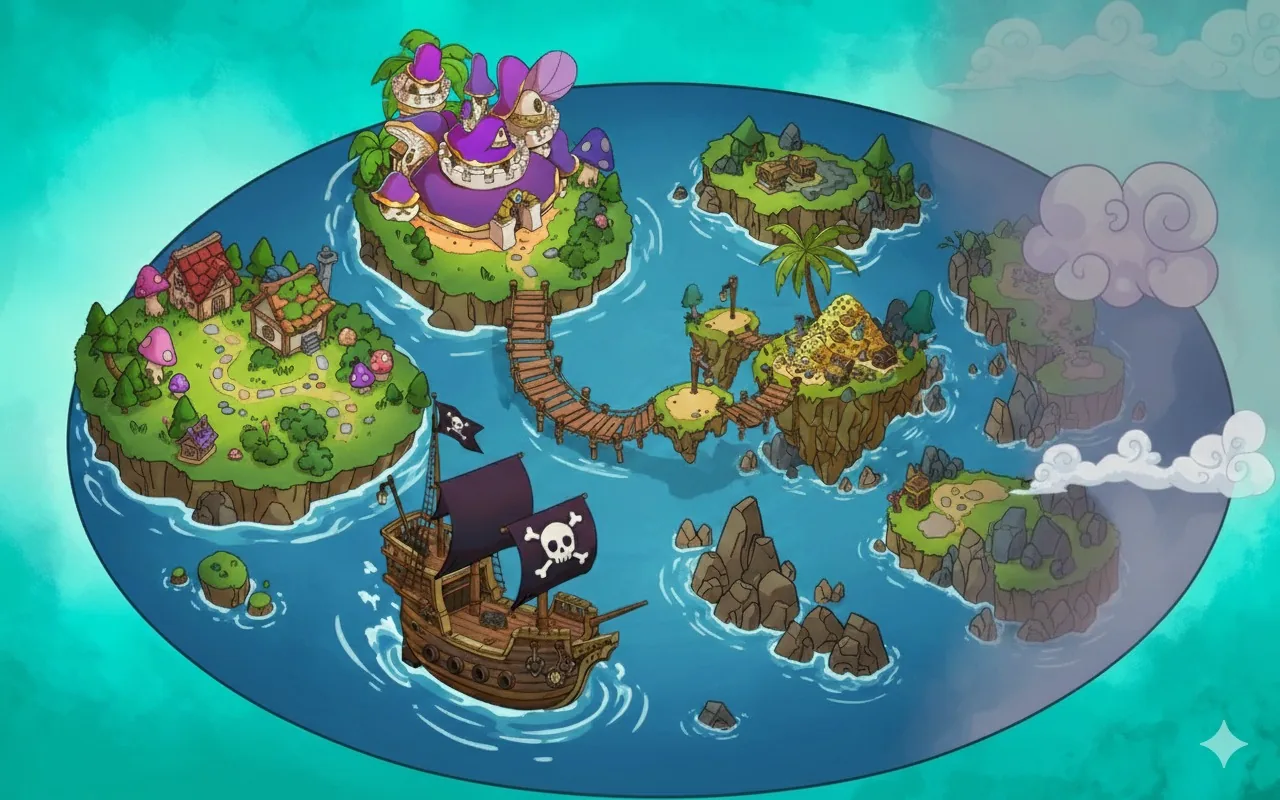 Mapa de mons de l'aventura pirata: un vaixell navega entre illes